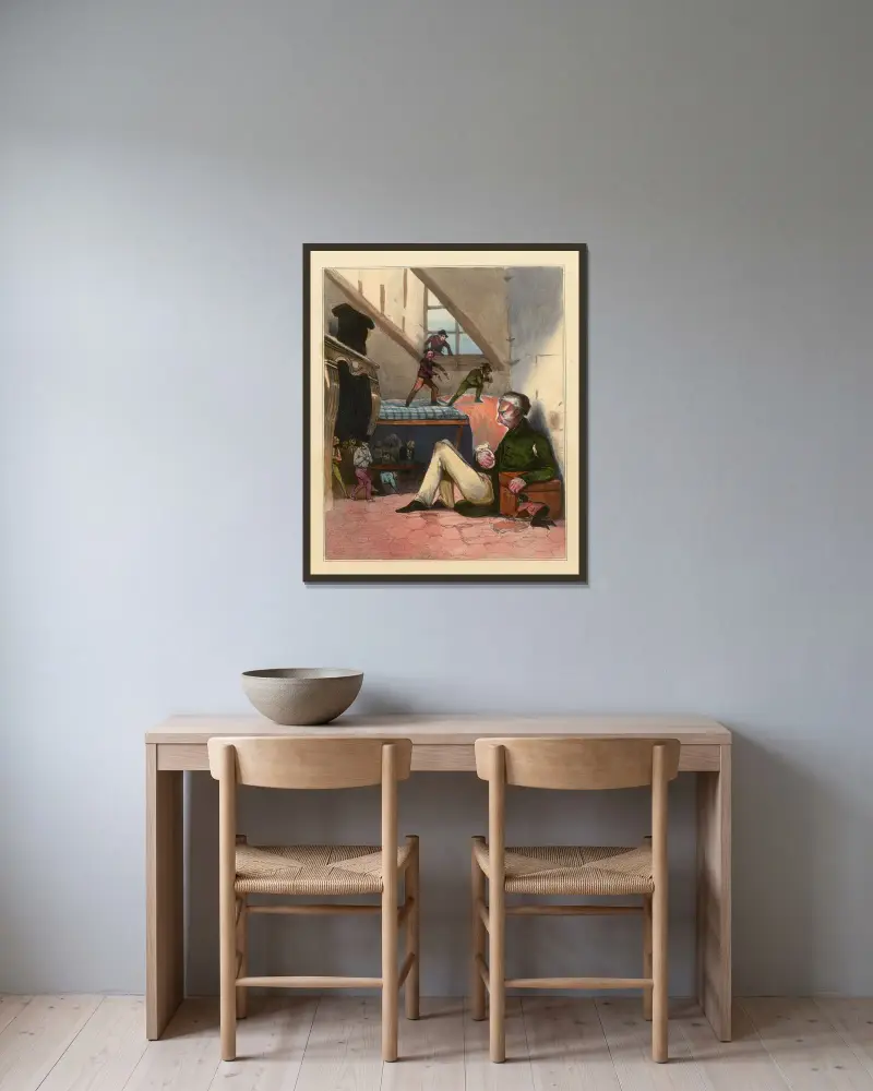 Snåljåpen av Honoré Daumier inramad på en vägg