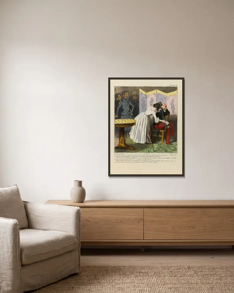 Riddaren des Adrets är älskaren till en världsdam, han är älskvärd, angelägen, han spelar passion och hängivenhet av Honoré Daumier inramad på en vägg
