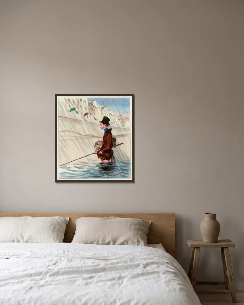 Kungsfiskaren (vid Seinen) av Honoré Daumier inramad på en vägg