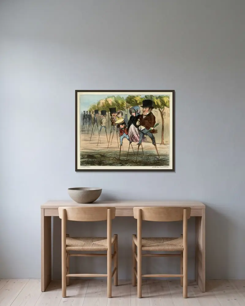 Parisare som hittat ett sätt att ta sig fram i regnväder av Honoré Daumier inramad på en vägg