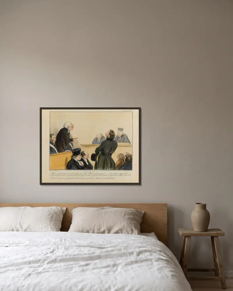 Messieurs, voici la vérité je suis un petit voleur, mais Mr Macaire en est un grand… av Honoré Daumier inramad på en vägg