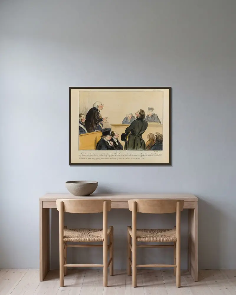 Messieurs, voici la vérité je suis un petit voleur, mais Mr Macaire en est un grand… av Honoré Daumier inramad på en vägg