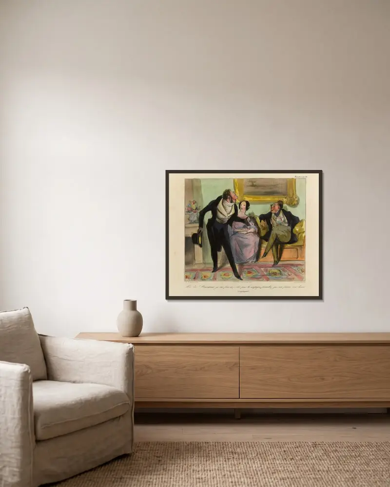 Mon dieu Monseigneur, je suis forcé de partir pour la campagne, permettez que ma femme vous tienne compagnie… av Honoré Daumier inramad på en vägg