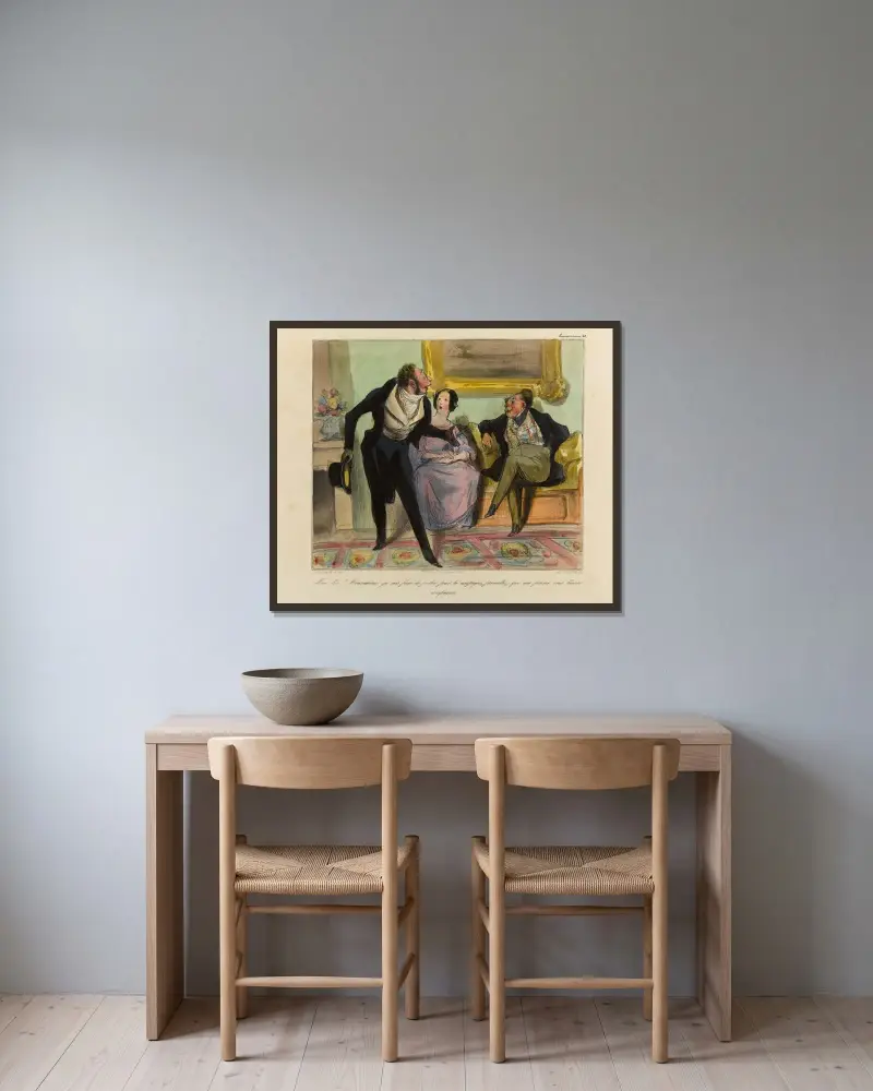 Mon dieu Monseigneur, je suis forcé de partir pour la campagne, permettez que ma femme vous tienne compagnie… av Honoré Daumier inramad på en vägg