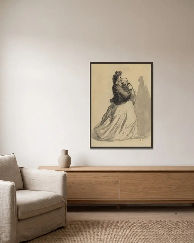 Mamma och bebis av Honoré Daumier inramad på en vägg