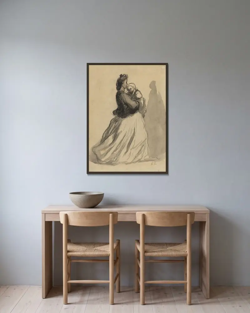 Mamma och bebis av Honoré Daumier inramad på en vägg