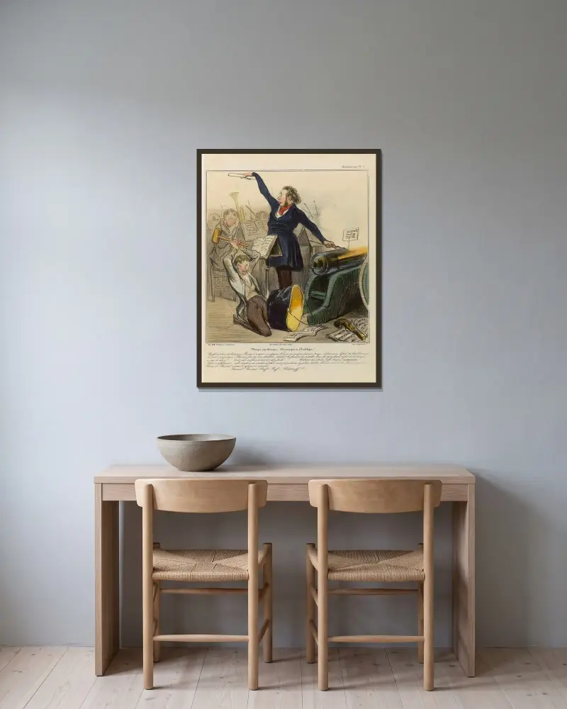 Pyroteknisk, charivarisk och diabolisk musik av Honoré Daumier inramad på en vägg