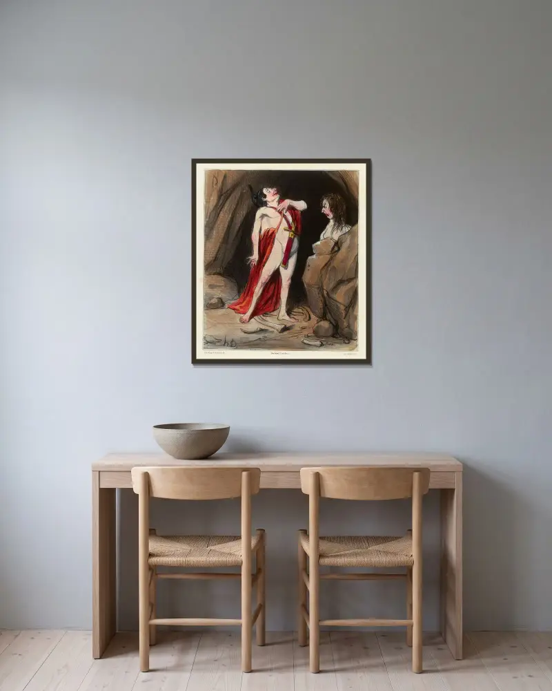 Oidipus hos sfinxen av Honoré Daumier inramad på en vägg