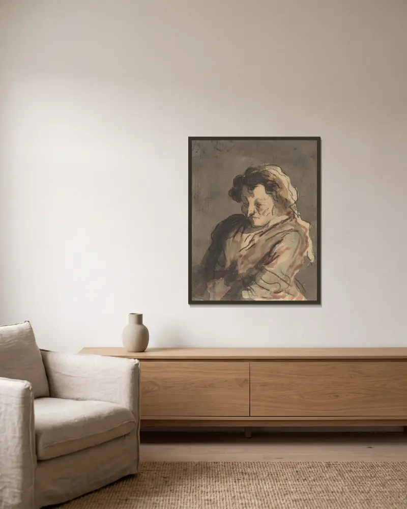 Gammal kvinna sittande av Honoré Daumier inramad på en vägg