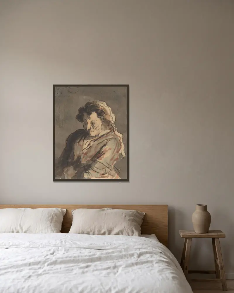 Gammal kvinna sittande av Honoré Daumier inramad på en vägg