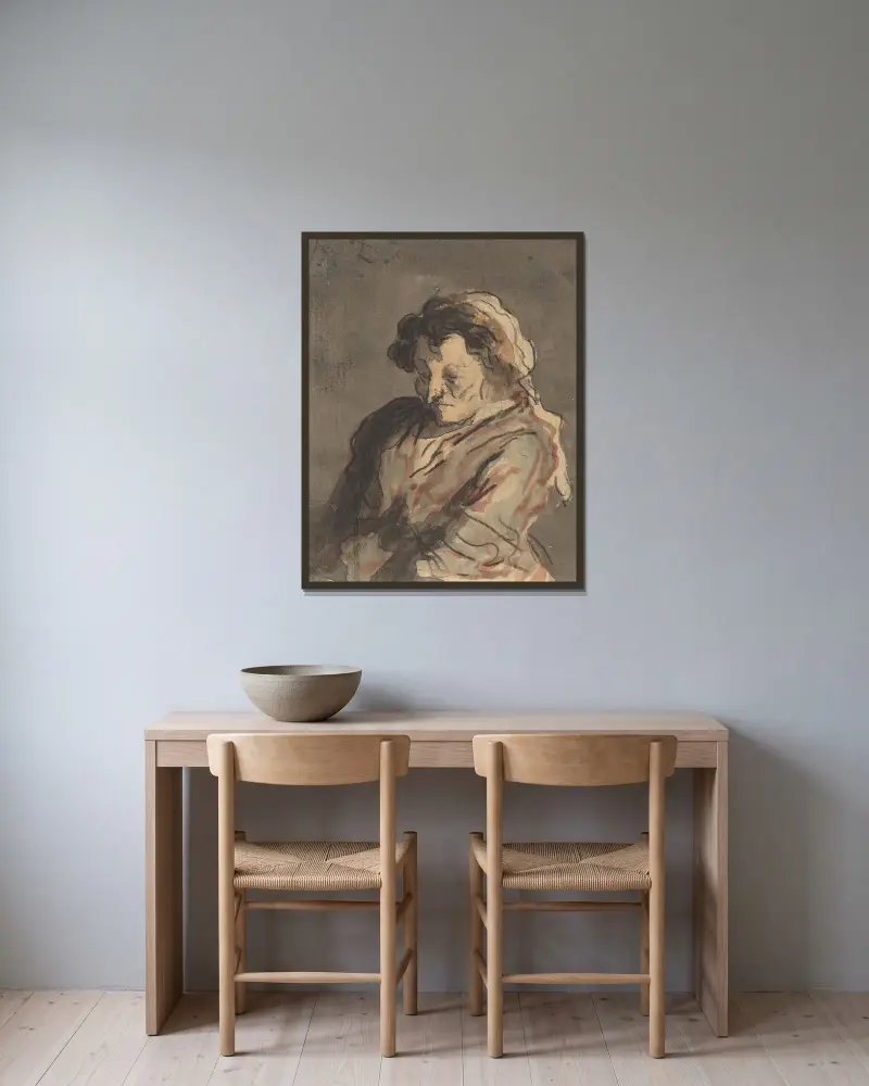 Gammal kvinna sittande av Honoré Daumier inramad på en vägg