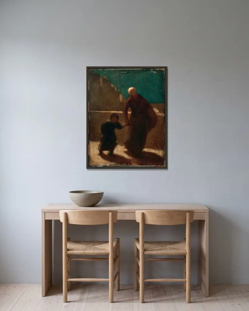 På en bro om natten av Honoré Daumier inramad på en vägg