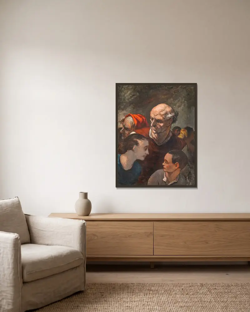 På barrikaderna (Familj på barrikaderna) av Honoré Daumier inramad på en vägg