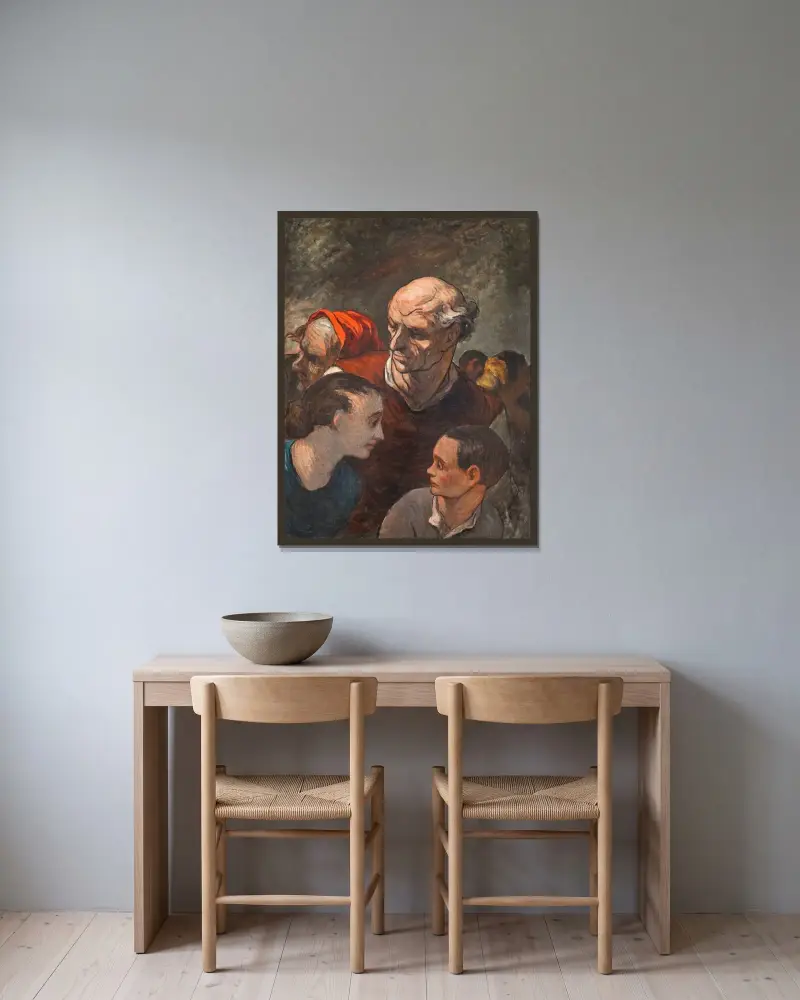 På barrikaderna (Familj på barrikaderna) av Honoré Daumier inramad på en vägg