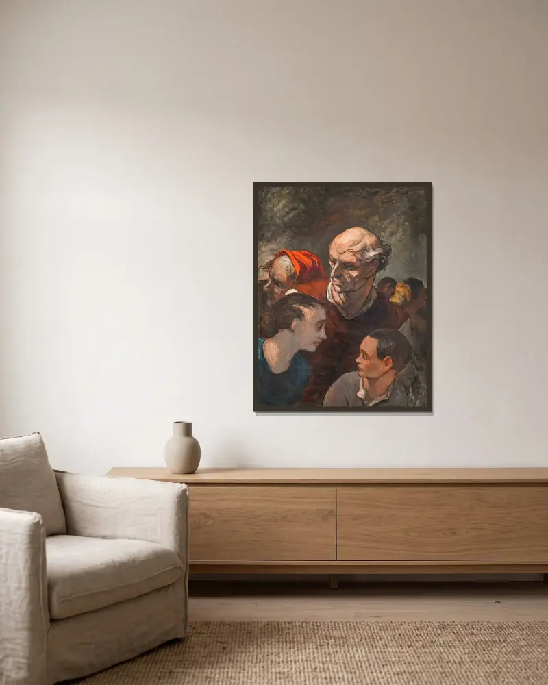På barrikaderna (Familj på barrikaderna) av Honoré Daumier inramad på en vägg