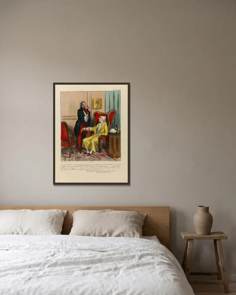 Oui, mon oncle, mon vertueux oncle, je fus dissipateur, joueur, débauché, j’eus bien des torts, en un mot, je fus léger av Honoré Daumier inramad på en vägg