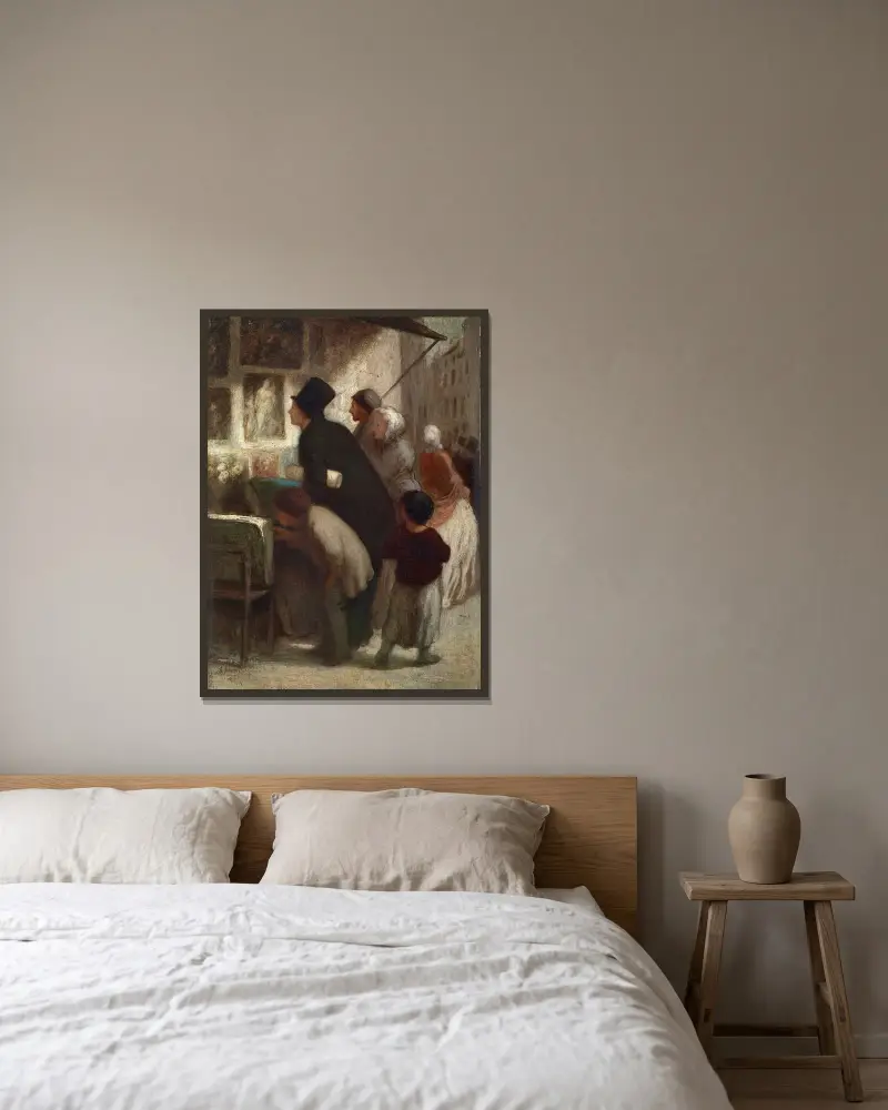 Utanför tryckförsäljarens butik av Honoré Daumier inramad på en vägg