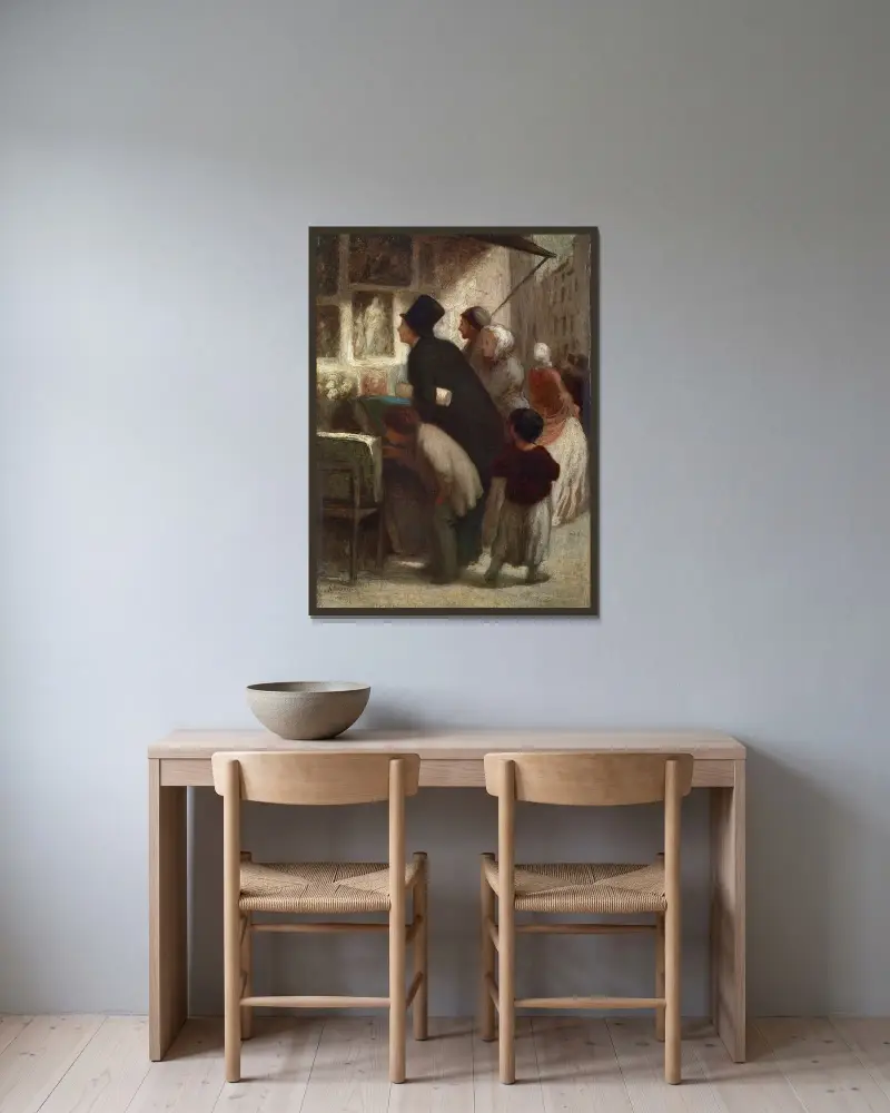 Utanför tryckförsäljarens butik av Honoré Daumier inramad på en vägg
