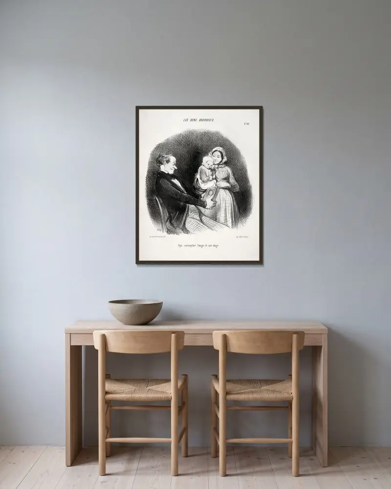 Pappa betraktar en avbild av sin avbild av Honoré Daumier inramad på en vägg