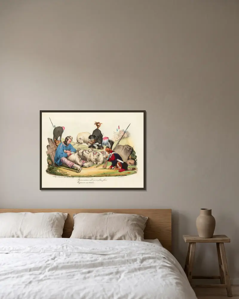 Pauvres moutons ah av Honoré Daumier inramad på en vägg