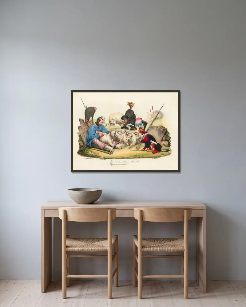 Pauvres moutons ah av Honoré Daumier inramad på en vägg
