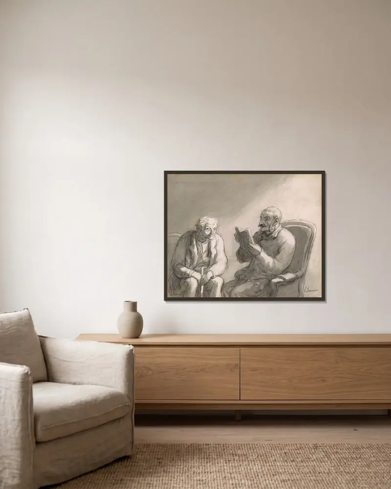 Läsning av Honoré Daumier inramad på en vägg