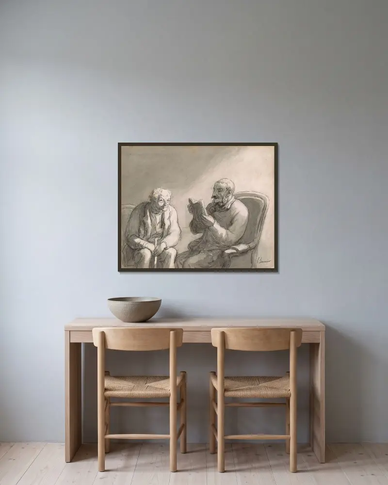 Läsning av Honoré Daumier inramad på en vägg