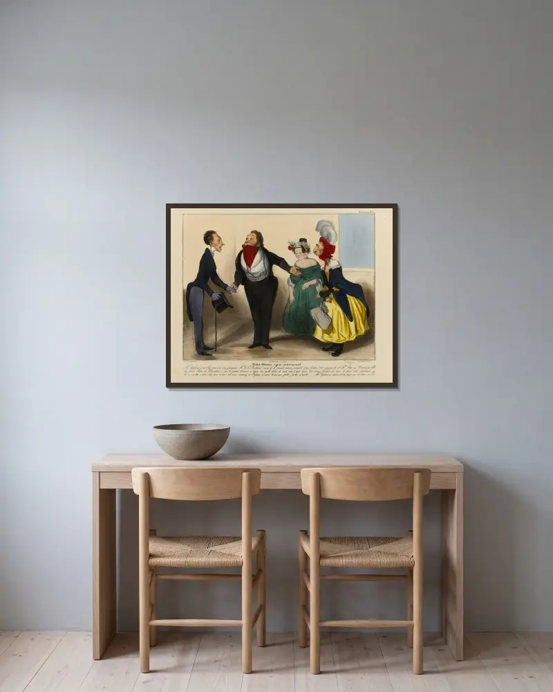 Robert Macaire som äktenskapsmäklare av Honoré Daumier inramad på en vägg