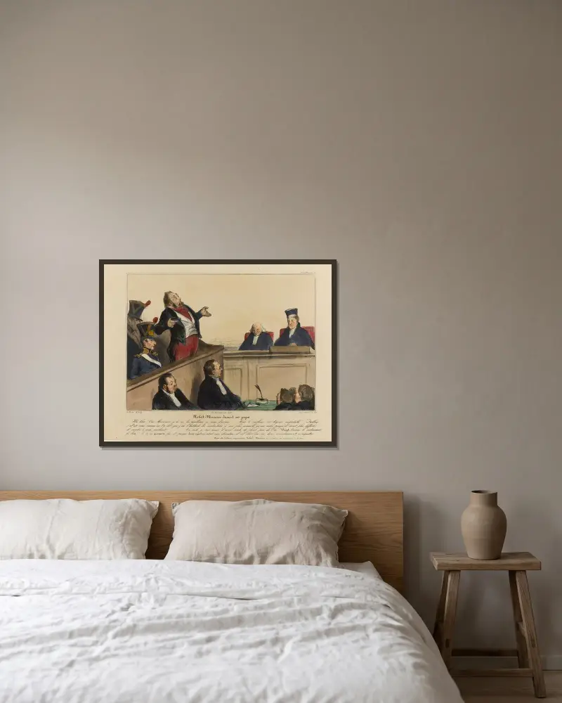 Robert Macaire inför sina domare av Honoré Daumier inramad på en vägg