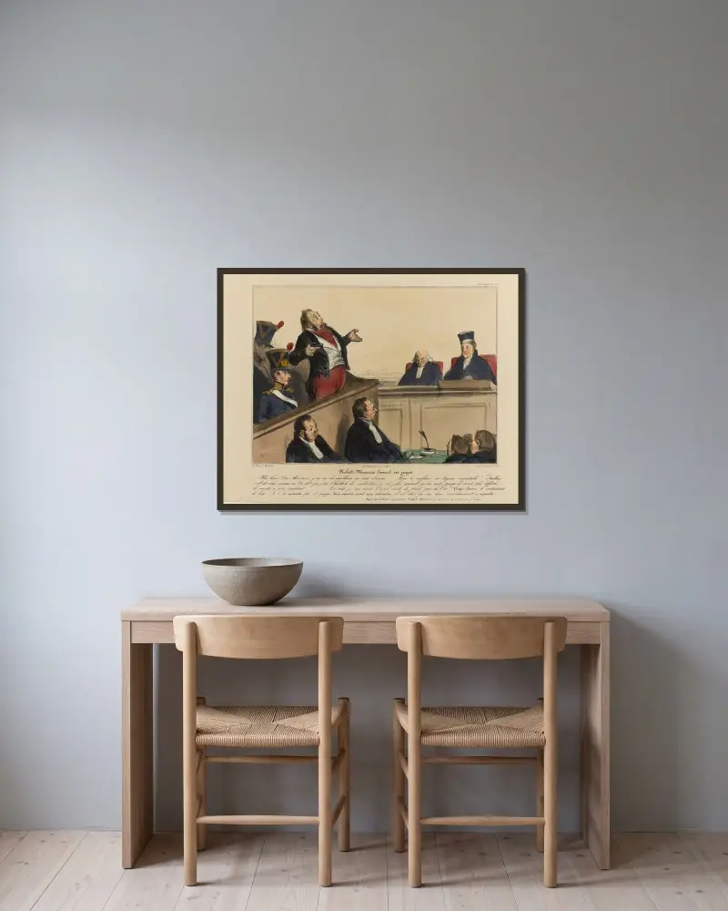 Robert Macaire inför sina domare av Honoré Daumier inramad på en vägg