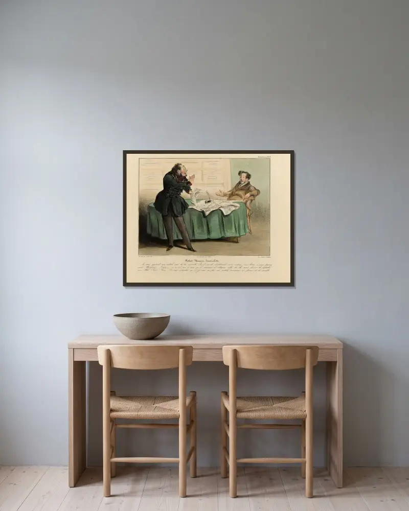 Robert Macaire journaliste av Honoré Daumier inramad på en vägg