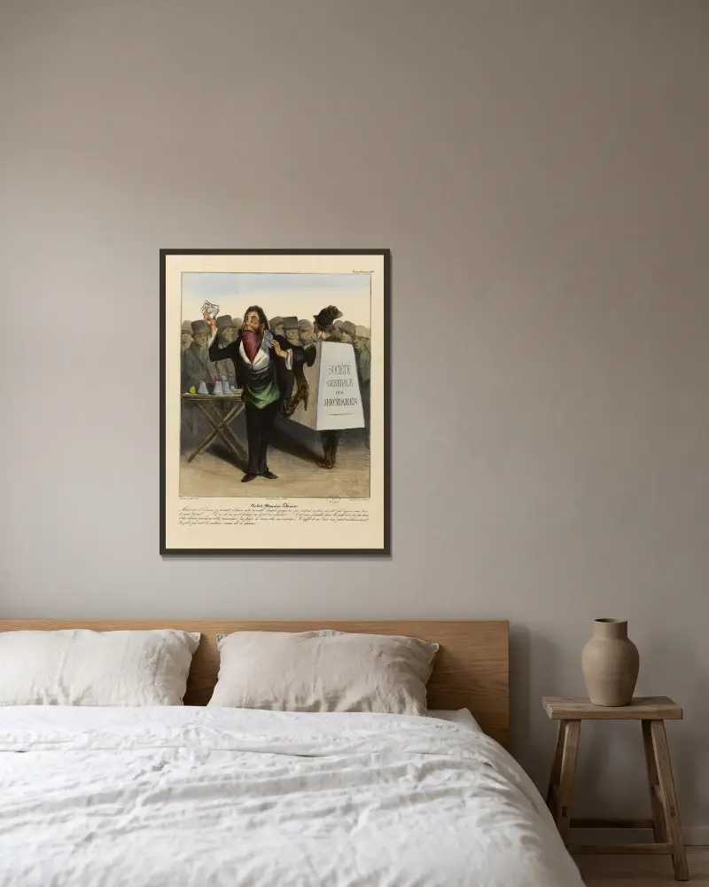 Robert Macaire som bokhandlare av Honoré Daumier inramad på en vägg
