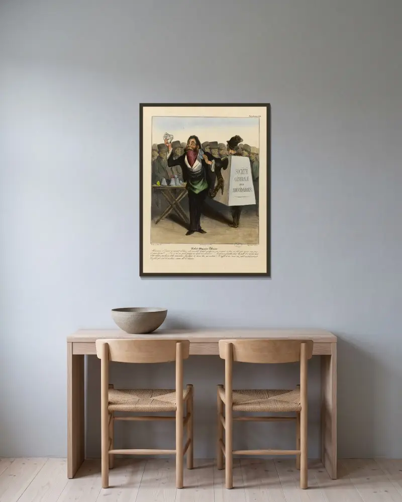 Robert Macaire som bokhandlare av Honoré Daumier inramad på en vägg