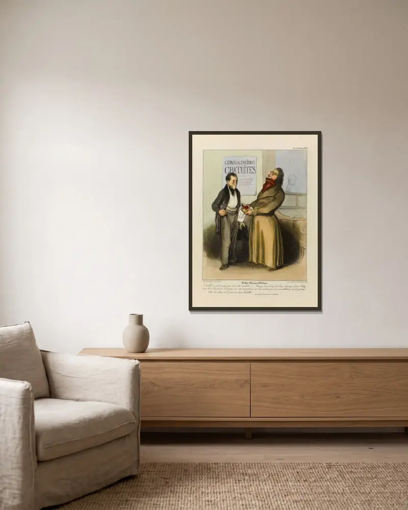 Robert Macaire som läkare av Honoré Daumier inramad på en vägg
