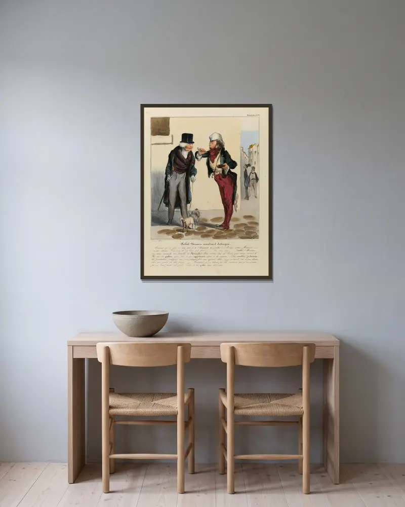 Robert Macaire som förfinad tiggare av Honoré Daumier inramad på en vägg
