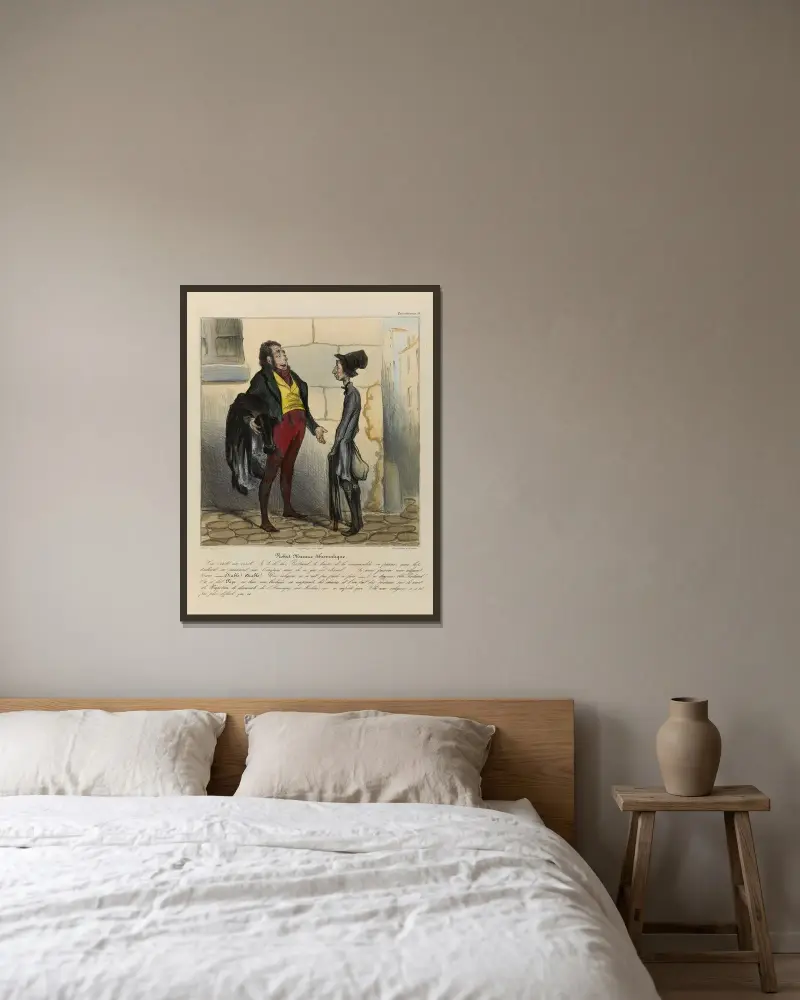 Robert Macaire schismatique av Honoré Daumier inramad på en vägg