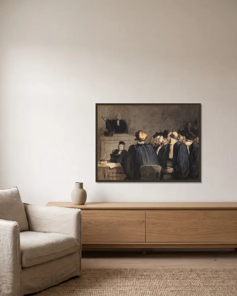 Rättsscen (Pläderingen) av Honoré Daumier inramad på en vägg
