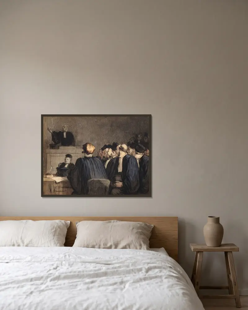 Rättsscen (Pläderingen) av Honoré Daumier inramad på en vägg