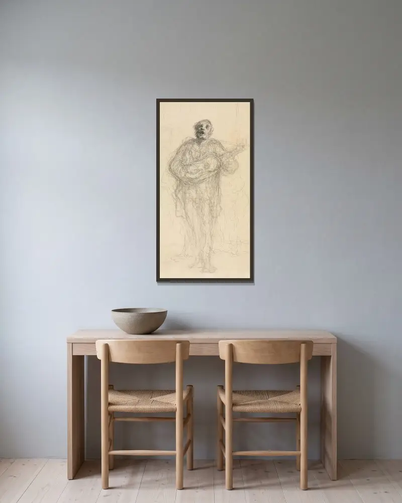 Sjungande gitarrist av Honoré Daumier inramad på en vägg