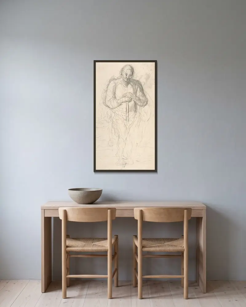 Stående man med stav av Honoré Daumier inramad på en vägg