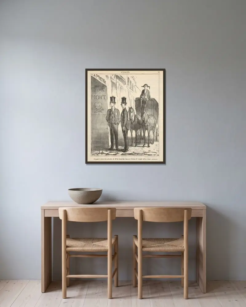 Att ta titeln på M. de Girardins artiklar alltför bokstavligt och komma för att erbjuda sina tjänster av Honoré Daumier inramad på en vägg