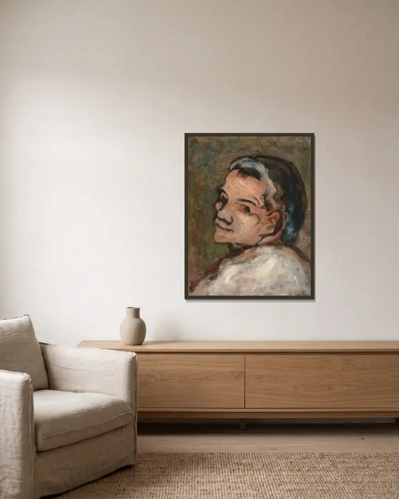 Tête de Scapin av Honoré Daumier inramad på en vägg