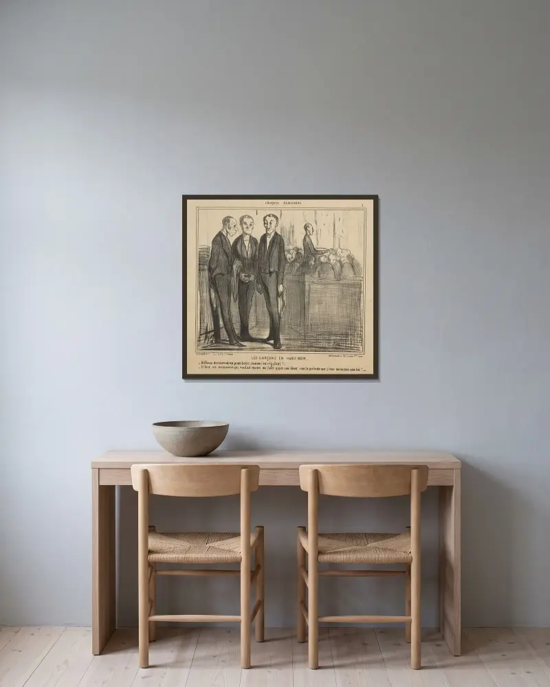 Pojkarna i svarta kläder av Honoré Daumier inramad på en vägg