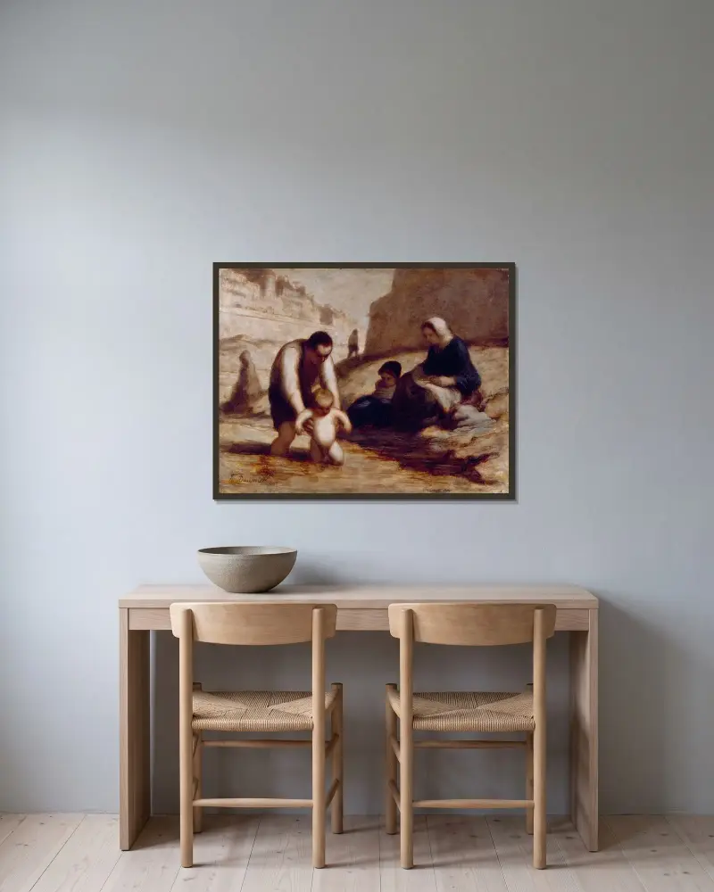 Det första badet av Honoré Daumier inramad på en vägg