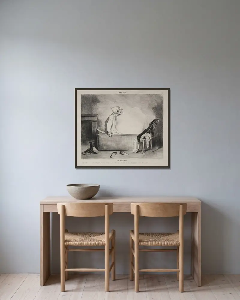 Det heta badet av Honoré Daumier inramad på en vägg