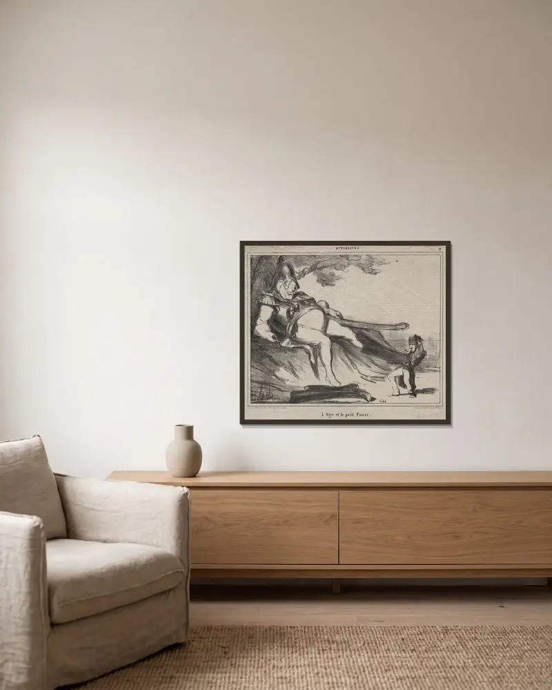 Jätten och hans lilla Tummetott av Honoré Daumier inramad på en vägg