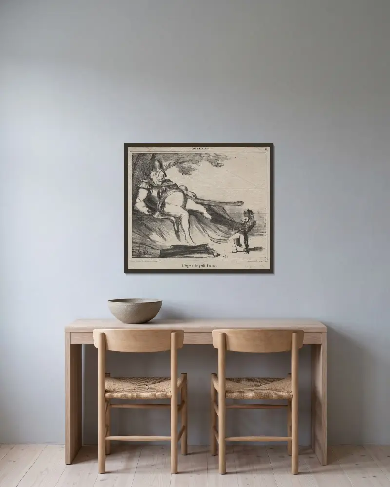 Jätten och hans lilla Tummetott av Honoré Daumier inramad på en vägg