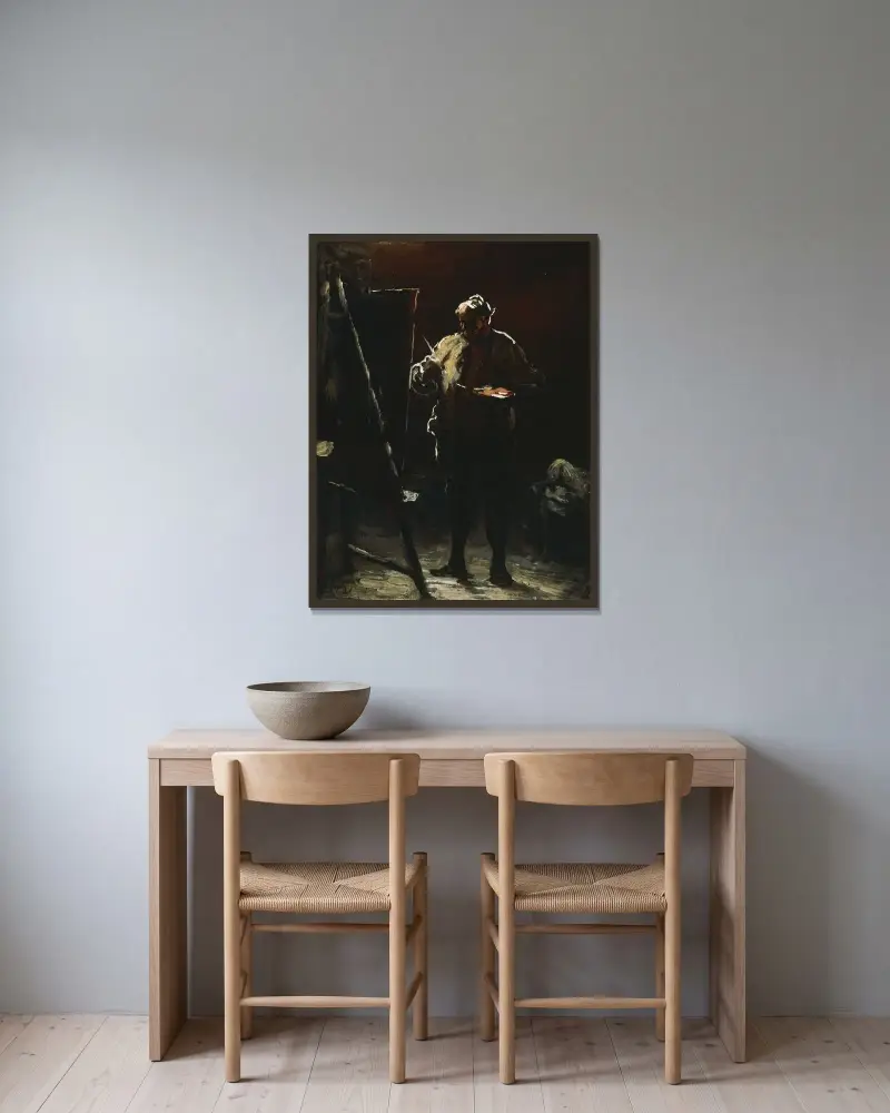 Konstnären vid sitt staffli av Honoré Daumier inramad på en vägg