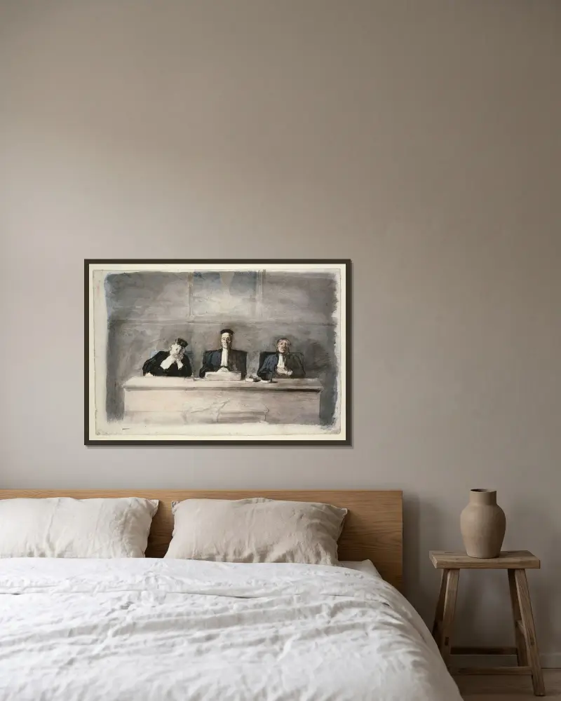De tre domarna av Honoré Daumier inramad på en vägg