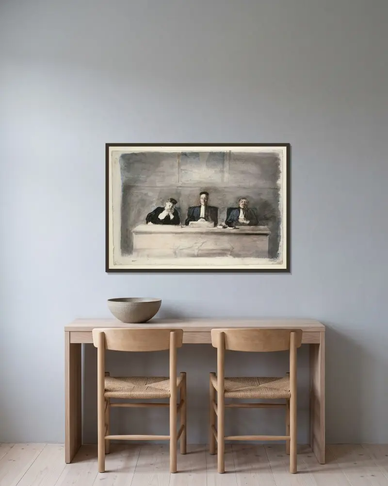 De tre domarna av Honoré Daumier inramad på en vägg